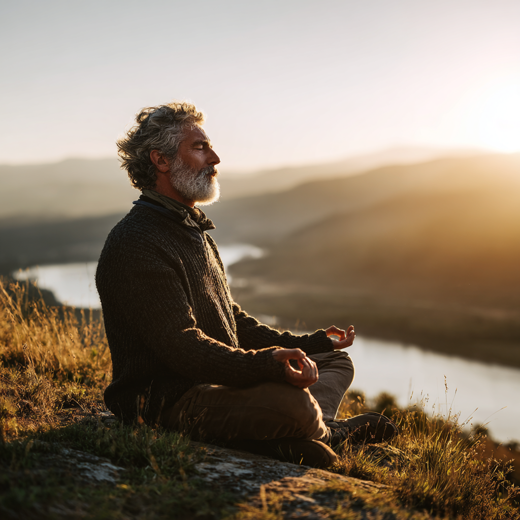 Serene mature man in meditation pose overlooking peaceful nature landscape